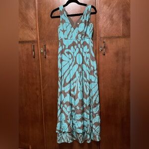Banana Republic 100% Silk Printed Ruffled Hem Maxi Dress Turquoise Brown size 2